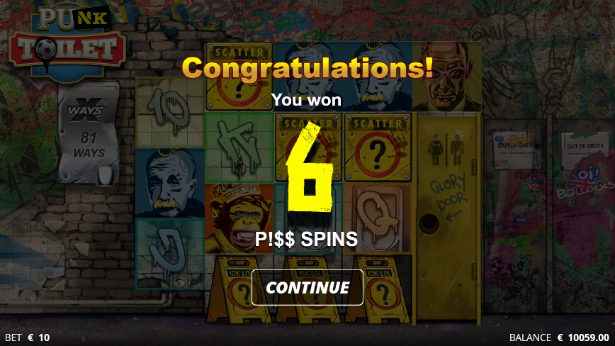 screen shot van Piss Spins Punk Toilet op het moment dat je zes free spins wint.