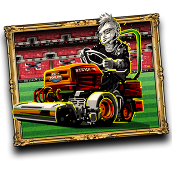 Steven hwakins op een grasmaaier.