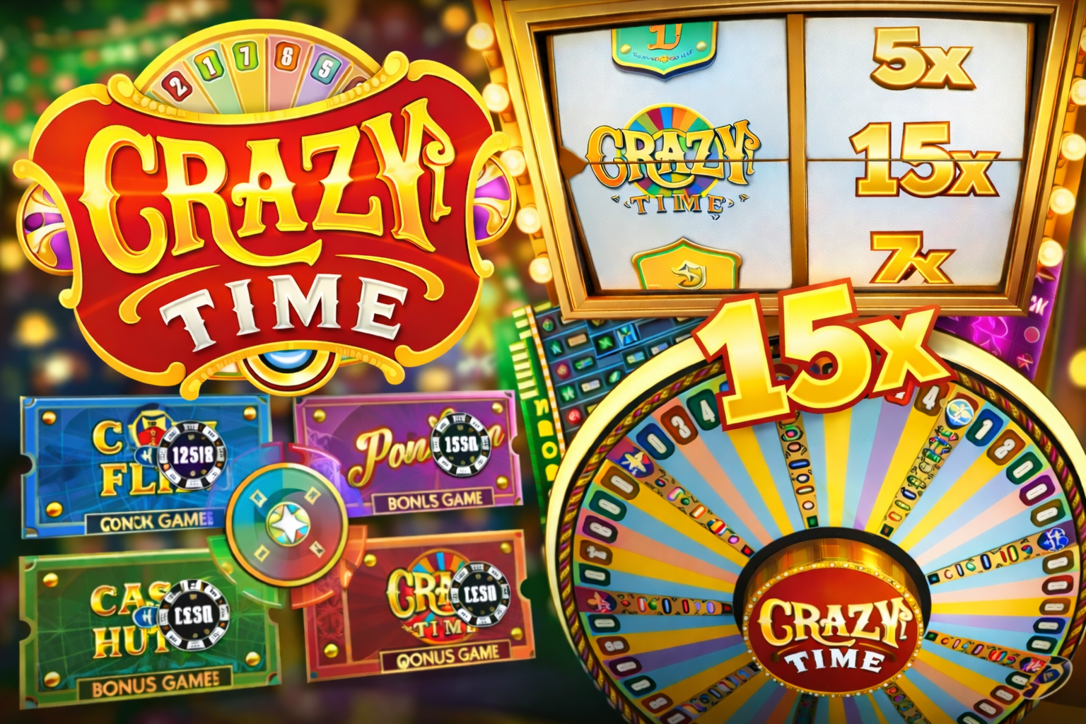Crazy Time banner with four bonus rounds: Coin Flip, Cash Hunt, Pachinko and Crazy Time